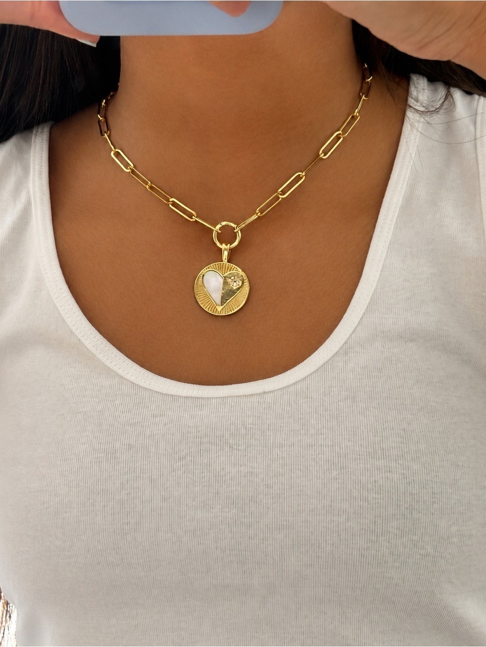 Gold Paperclip Chain Necklace with Heart-Inset Medallion
